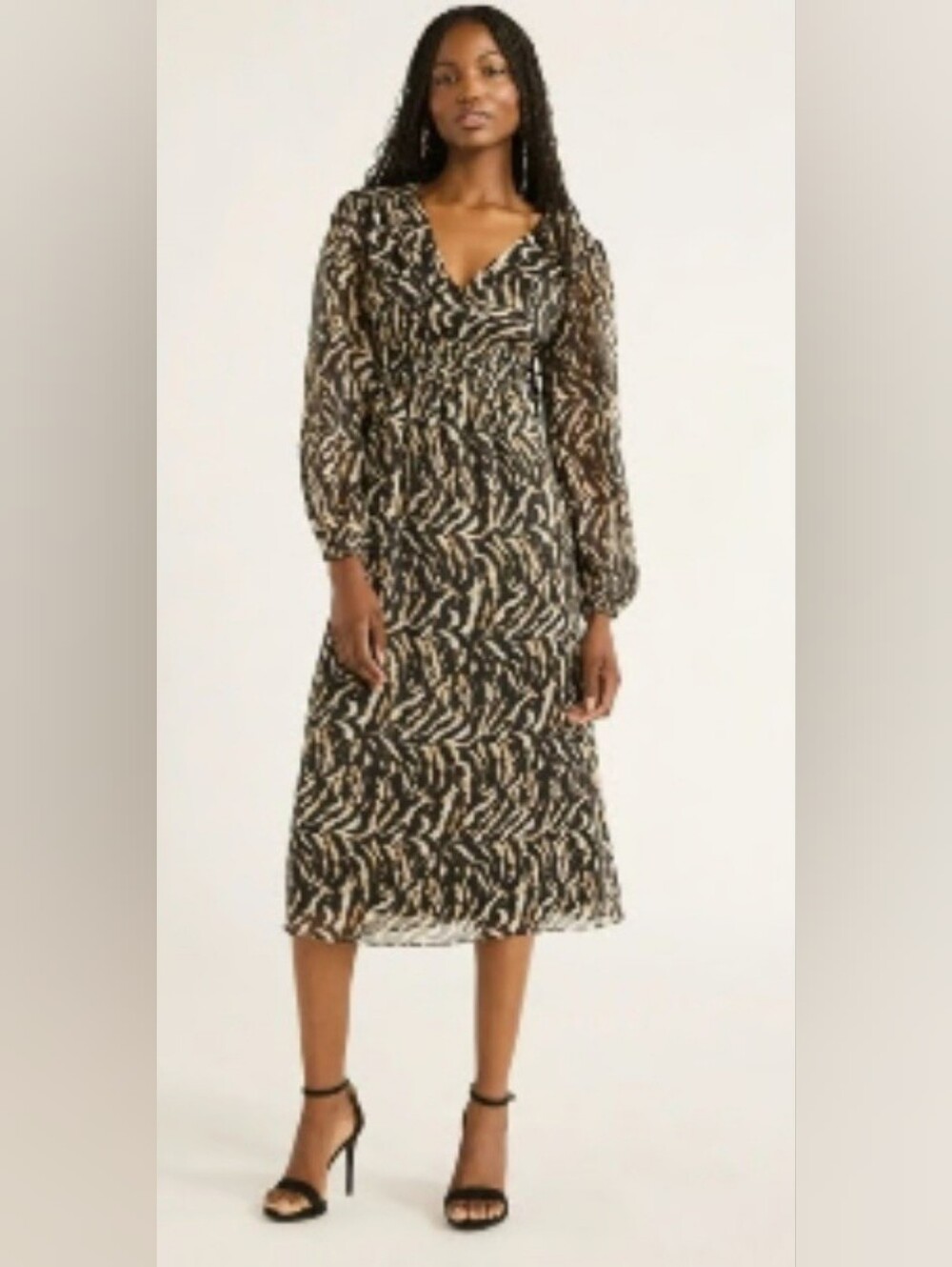 SOFIA  Black and Cream Printed V-Neck Midi Dress